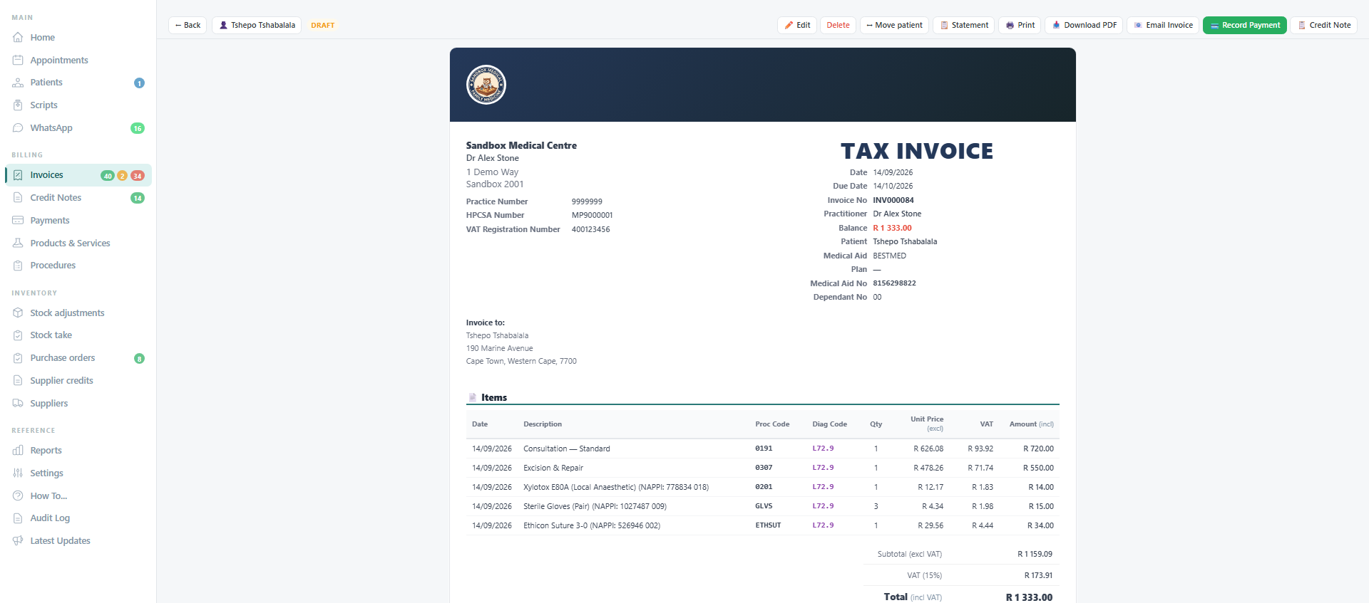 A tax invoice in the practice's branded format: practice details, practice number, HPCSA number and VAT number on the left; date, invoice number, practitioner, patient, medical aid, plan, medical aid number and dependant code on the right; line items with date, description, procedure code, ICD-10 diagnosis code, quantity, unit price excluding VAT, VAT and amount; subtotal, VAT at 15% and total.