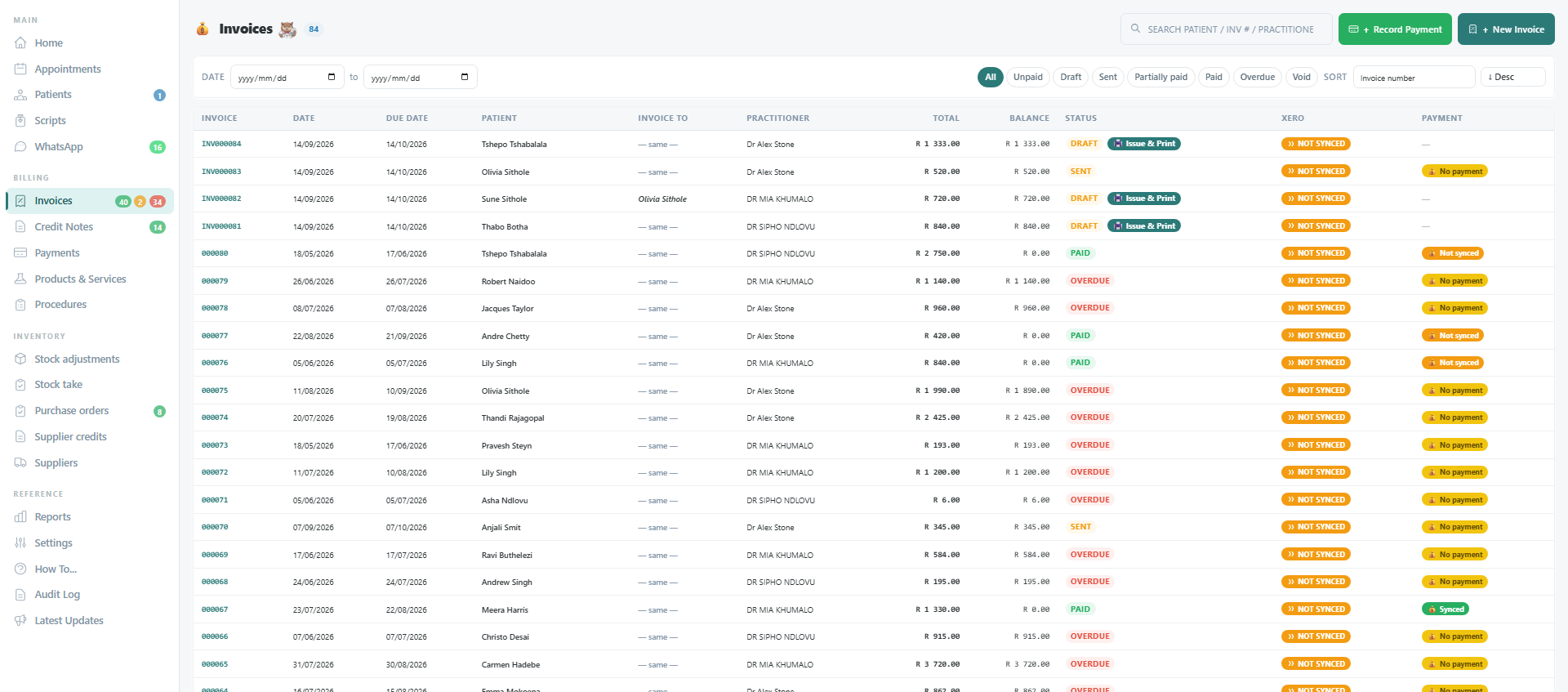 The invoices register: invoice number, date, due date, patient, who it is invoiced to, practitioner, total, balance, a status of draft, sent, paid, partially paid or overdue, a Xero sync pill, and a payment pill, with filters for each status along the top.