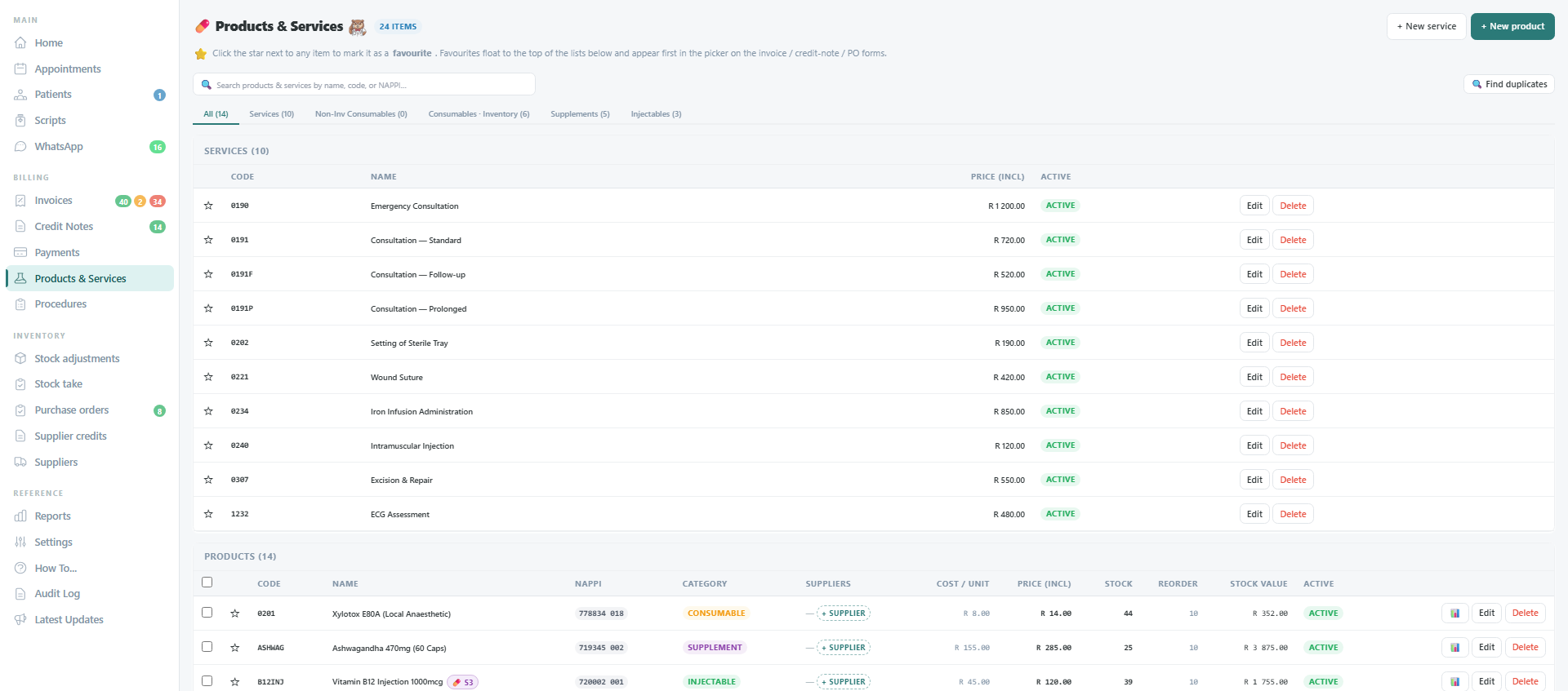 Products and services: services listed with procedure code, name and price; products listed with code, name, NAPPI code, category, supplier, cost per unit, price, stock on hand, reorder level and stock value.